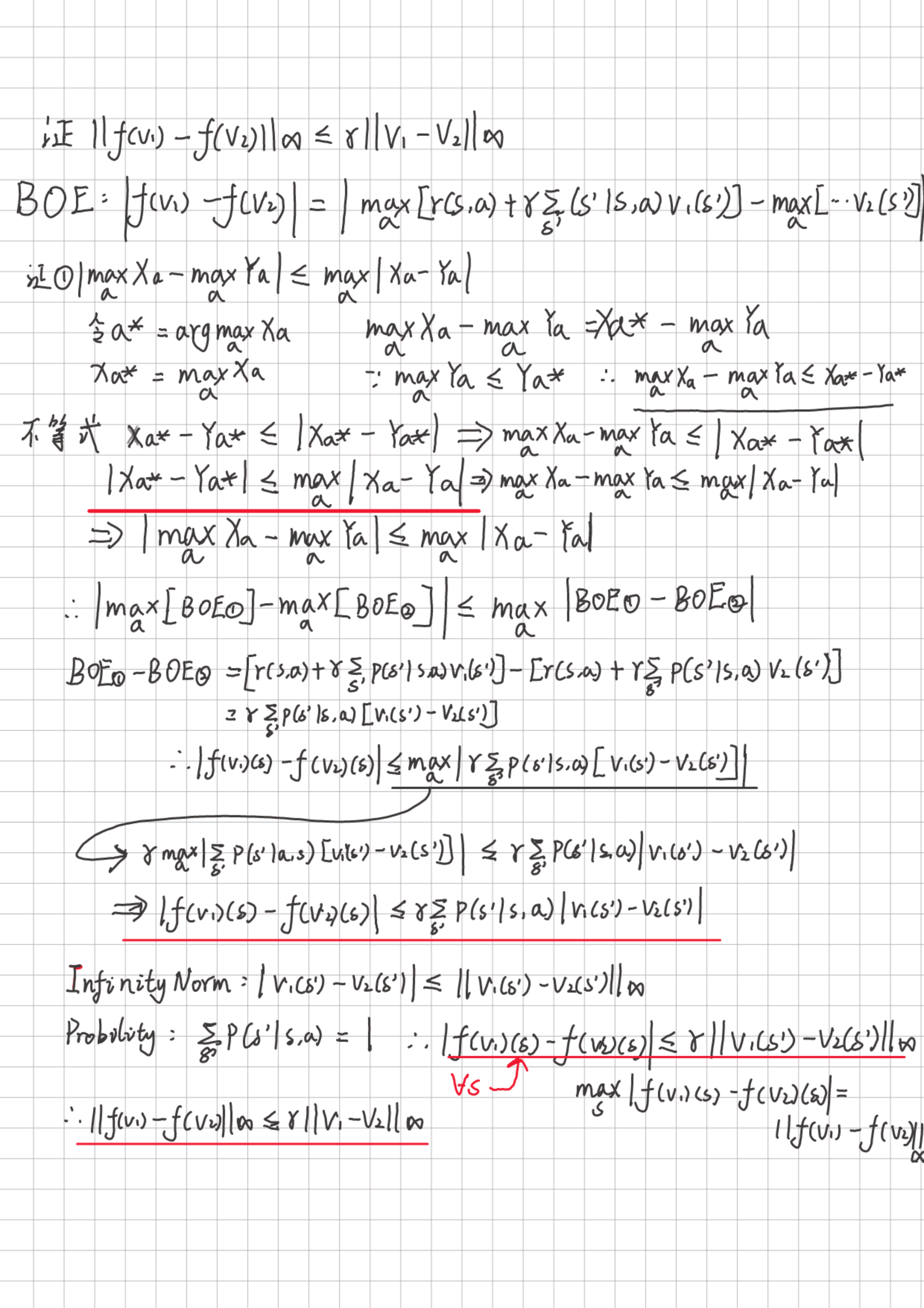 Handwritten proof of the contraction property of the Bellman optimality operator